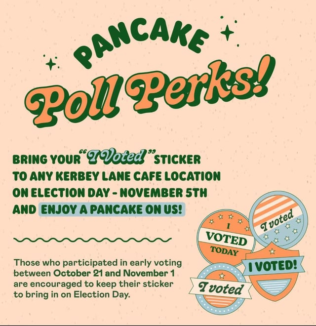 Save your voter stickers and bring them to Kerbey Lane Cafe for a free pancake.