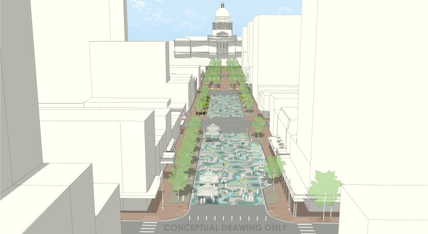 The two blocks from Ninth to 11th streets are fully reconstructed plazas and the blocks from Seventh to Ninth streets are covered in colorful murals with people walking around in these renderings of what Congress Avenue could look like.