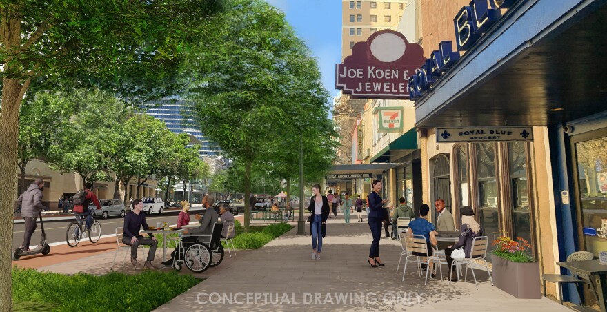 People sit at tables in front of shops and restaurants on wooden decks and cyclists ride down protected bike lanes along Congress Avenue in these renderings. 