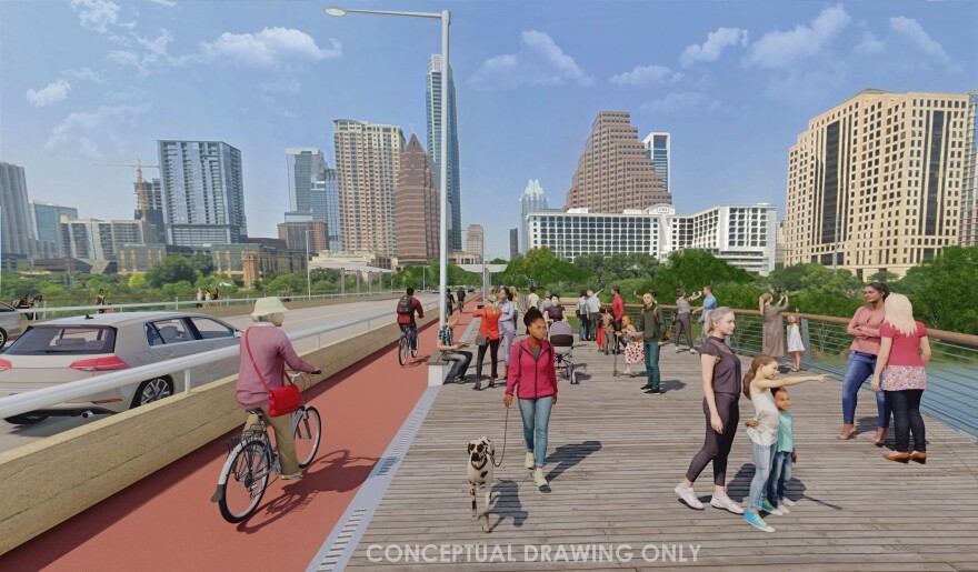 Renderings show people walking and cyclists riding along proposed wooden decks and a protected bike lane on a widened Congress Avenue Bridge.