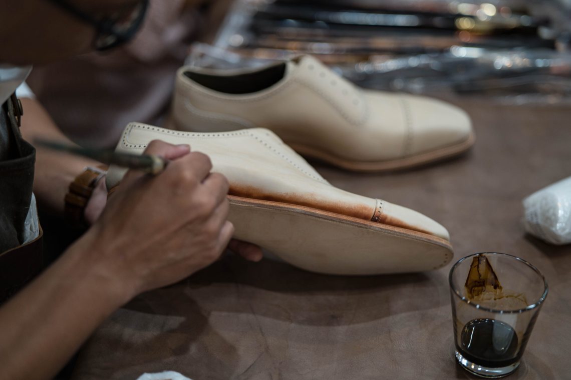 The shoes from Bridlen are in undyed crust chrome tanned leather, a greyish colour.