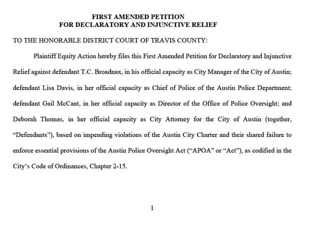 Equity Action, the group that wrote the Austin Police Oversight Act, is asking a judge to stop City Council from voting on a new police contract which they say will undermine the APOA. An emergency hearing is expected to occur today, the Council vote is set for tomorrow.