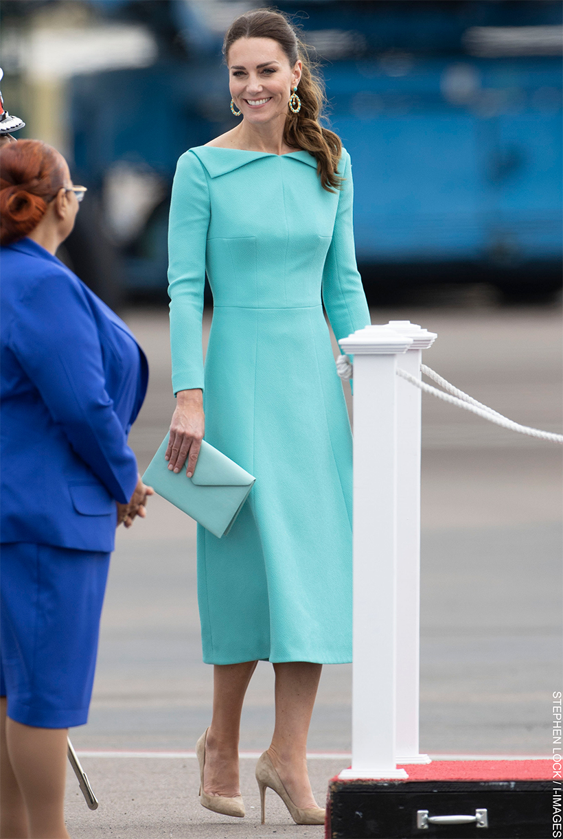 Kate Middleton wears a vibrant aqua blue dress by Emilia Wickstead