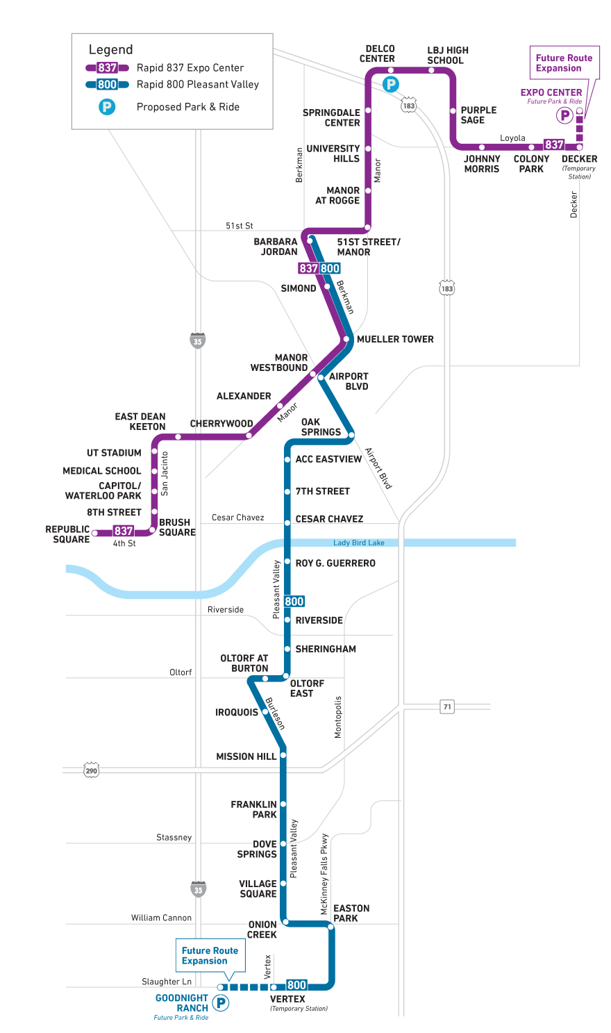 A map showing CapMetro's planned 2025 Rapid routes in Austin. Rapid 837 Expo Center is shown in purple. Rapid 800 Pleasant Valley is shown in blue). Key areas served by the routes include Republic Square, UT-Austin, Mueller, ACC Eastview and Goodnight Ranch. Proposed park and ride locations are shown at Goodnight Ranch and the Expo Center.