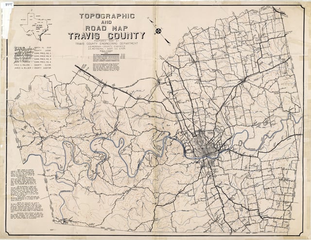 1932 Topographic and Road map of Travis County.