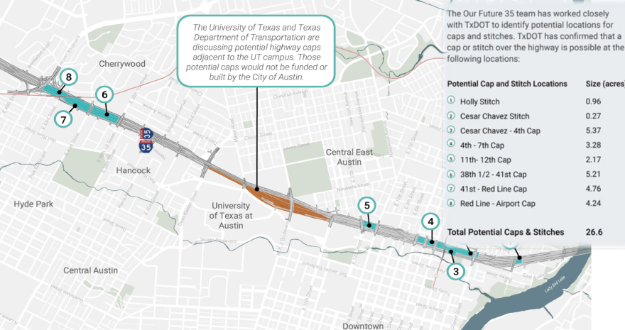 A map of Austin showing potential highway caps and stitches as part of the I-35 expansion project. The map highlights eight locations for caps and stitches along the highway, numbered and marked with teal and black dots