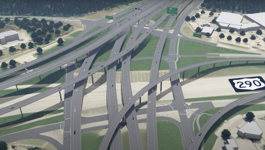 A rendering of the proposed MoPac and US 290 interchange, showcasing multiple elevated flyover ramps and reconfigured lanes.