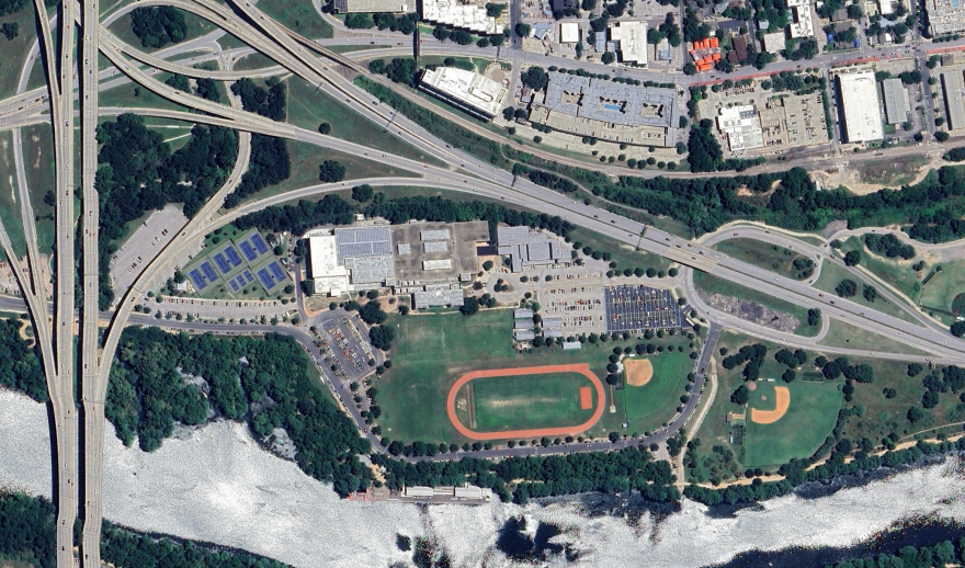 A satellite image of Austin High School and surrounding areas, showing its proximity to MoPac and Cesar Chavez Street.