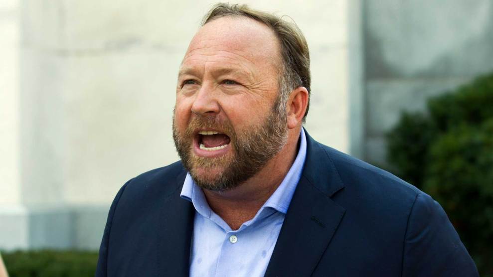 Alex Jones speaks outside of the Dirksen building on Capitol Hill in Washington in September 2018.