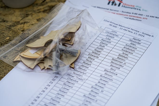 Small wood bats are labeled with the names of deceased homeless people and are called out individually at a memorial service at Auditorium Shores on Sunday, Nov. 17, 2024 in Austin. Advocates and members of the homeless community gathered to honor the more than 200 homeless people that died between September of 2023 and November of 2024.