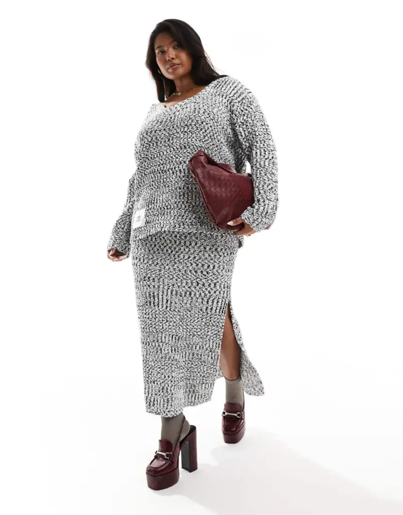 Thanksgiving Outfit Formulas Renee Studio x Holly Wynne exclusive longline asymmetric neckline knitted sweater and maxi skirt set in gray heather