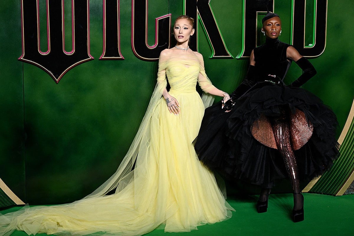 Ariana Grande and Cynthia Erivo look ethereal in a yellow Ralph Lauren gown and a black Schiaparelli gown at the UK premiere of Wicked