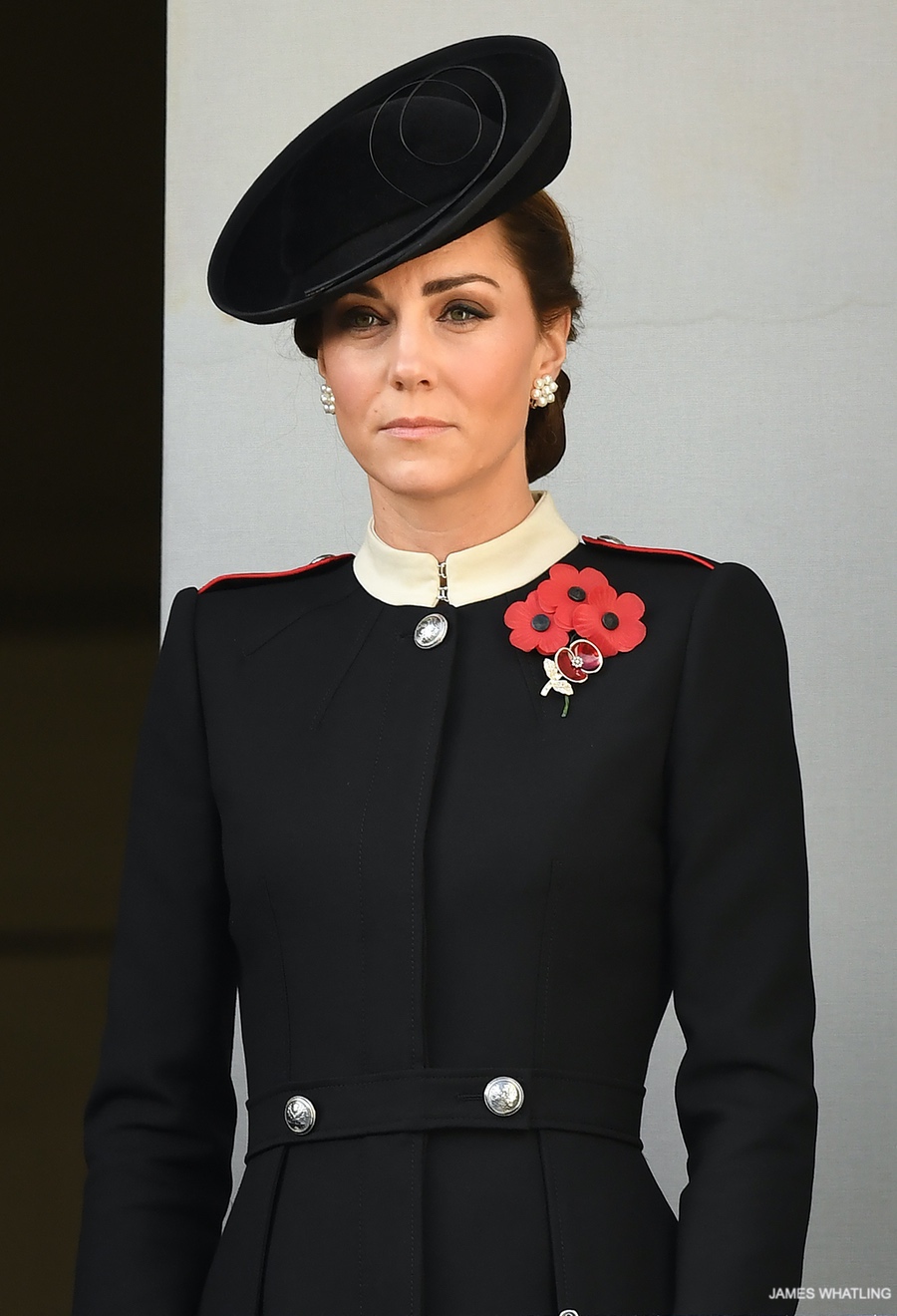 The Princess of Wales on Remembrance Sunday wearing a black military-inspired coat with epaulettes, mandarin collar and metallic buttons