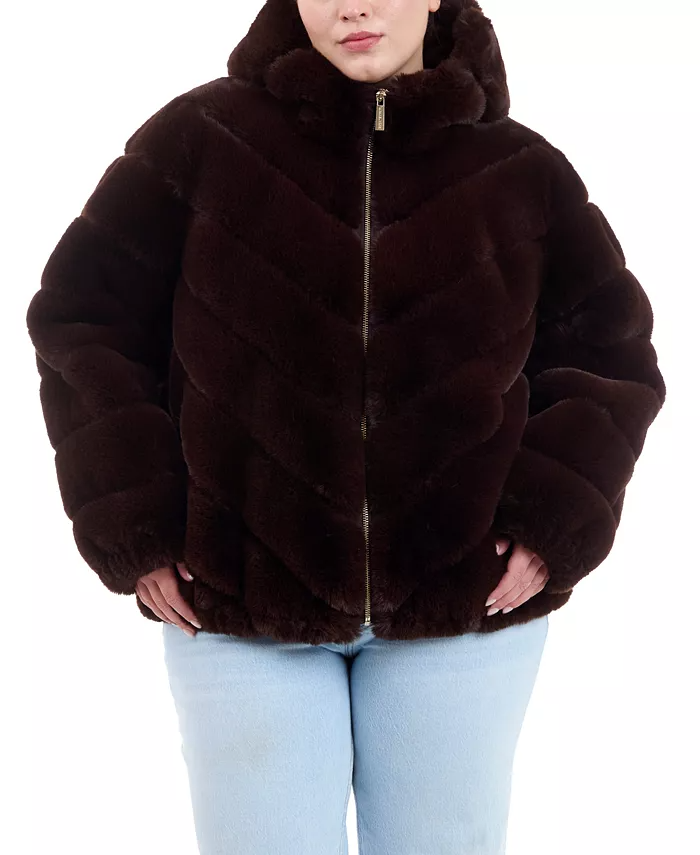 Plus Size Hooded Faux Fur Coat