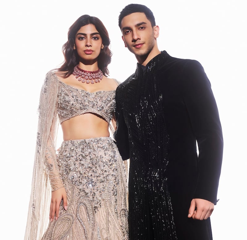 Actors Khushi Kapoor (L) and Vedang Raina (R) were cast as models for Gaurav Gupta's couture show in New Delhi, India in July 2024.