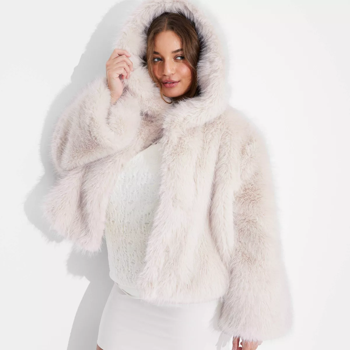 Womens Cropped Hooded Faux Fur Jacket Wild Fable™