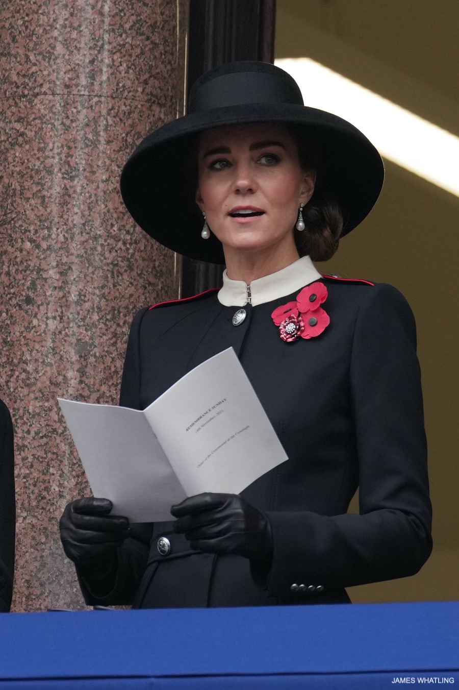 The Princess of Wales on Remembrance Sunday wearing a black military-inspired coat with epaulettes, mandarin collar and metallic buttons