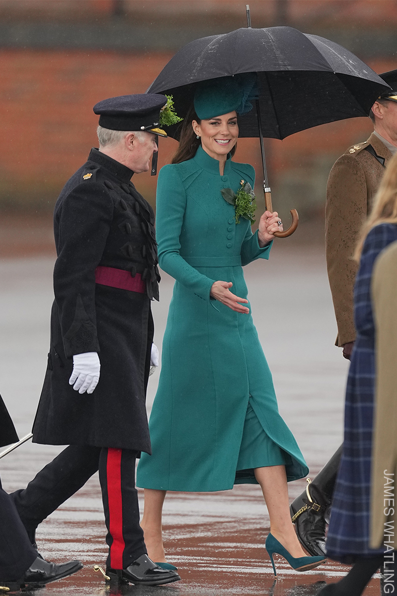 The Princess of Wales wears a bright teal coat to meet with the Irish Guards. 