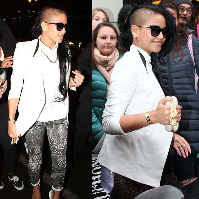 Cassie exudes high-fashion edge in snake-print pants, a crisp white blazer, and Hollywood-star sunnies outside her hotel in Paris, France, on March 3, 2012