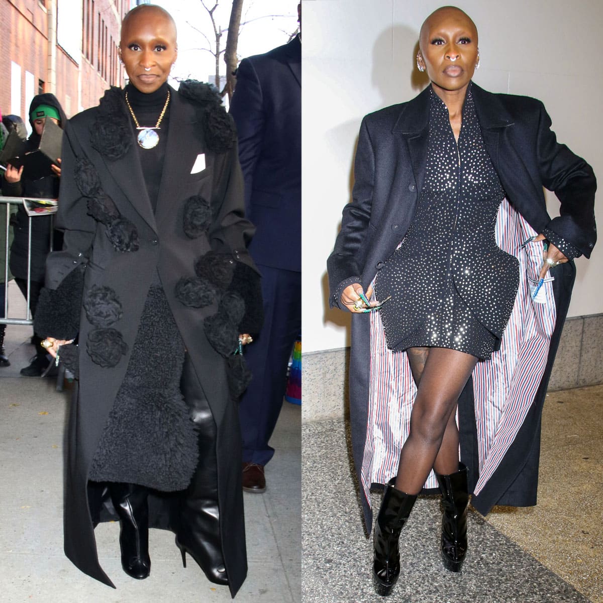 Cynthia Erivo stuns in a textured floral Rokh coat with edgy leather boots (left) and dazzles in a shimmering Mugler mini dress paired with statement platform boots (right)