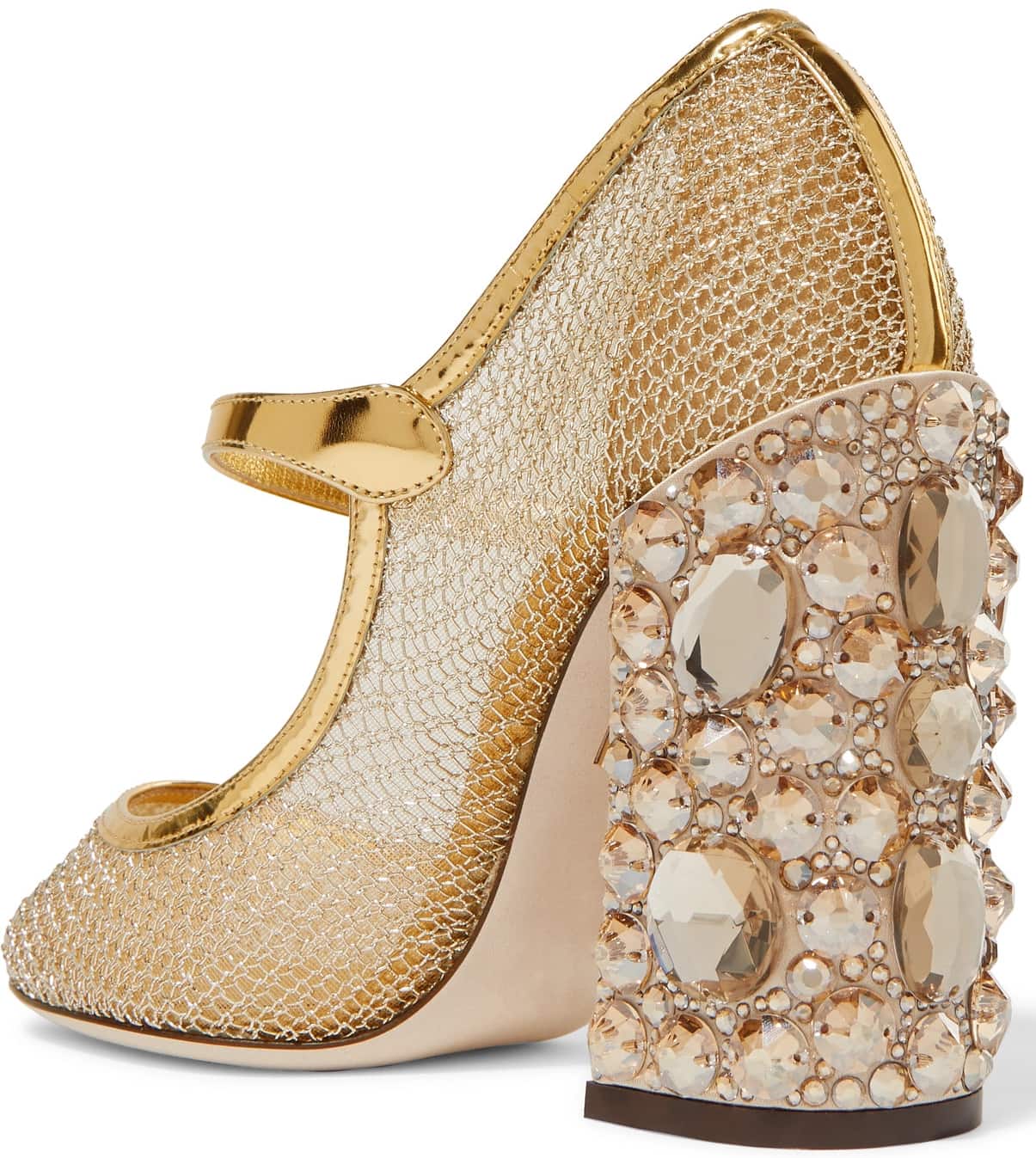 Dolce & Gabbana's Mary Jane pumps have been made in Italy from gold mesh and are defined by a striking crystal-embellished block heel