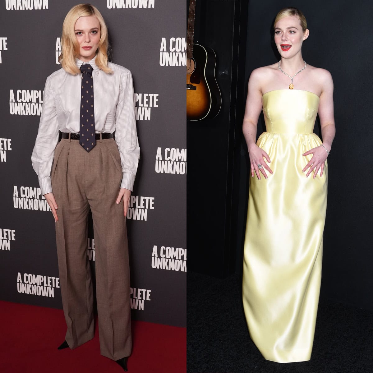 Elle Fanning promotes her new biographical movie, A Complete Unknown, in vintage-inspired ensembles: a brown Saint Laurent suit and a yellow Prada gown