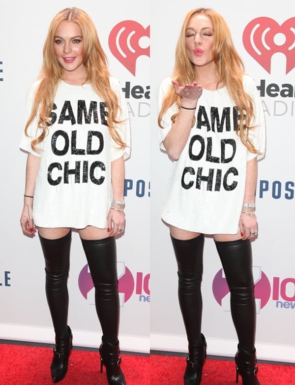 Lindsay Lohan turns heads at the Z100 Jingle Ball in an oversized "SAME OLD CHIC" tee paired with daring thigh-high leather boots