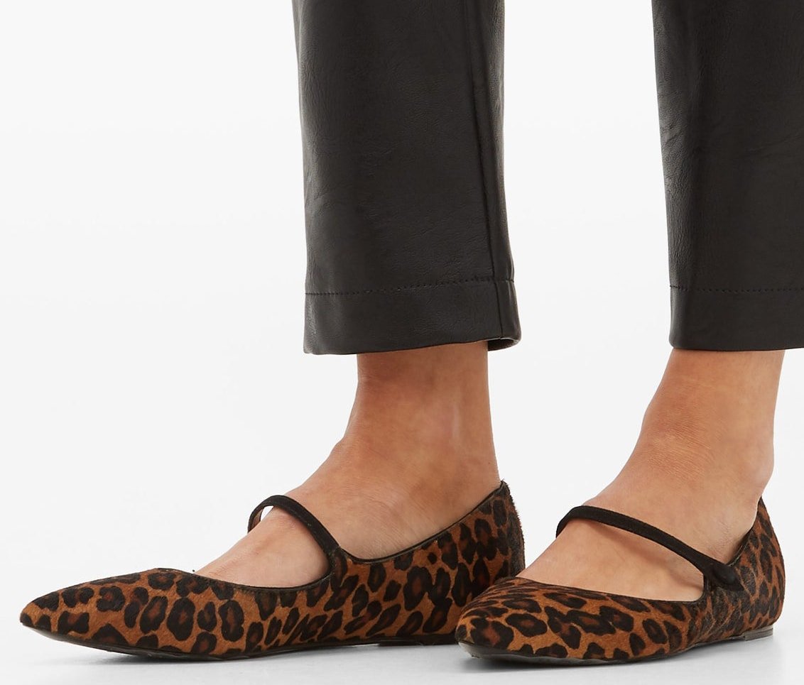 These leopard-print Hermione flats from Tabitha Simmons are made in Italy from calf hair to a point-toe silhouette with a smooth suede Mary-Jane strap