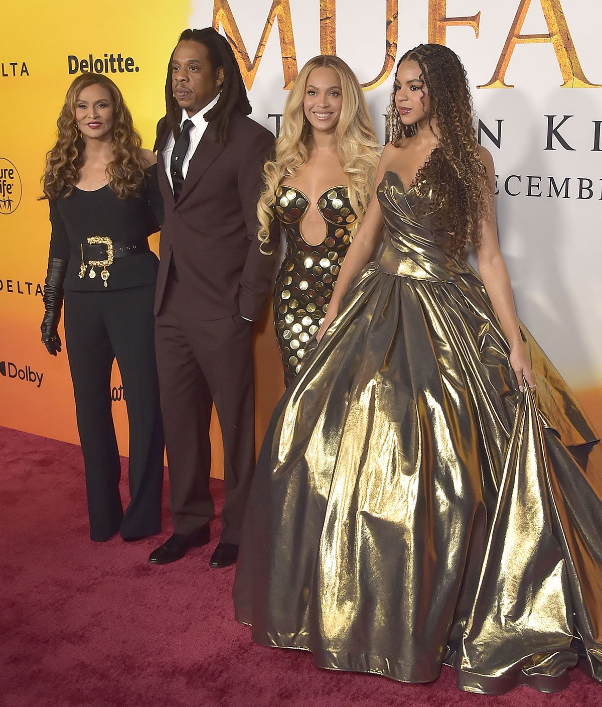 Tina Knowles, Jay-Z, Beyoncé, and Blue Ivy Carter at the world premiere of the movie Mufasa: The Lion King at the Dolby Theater